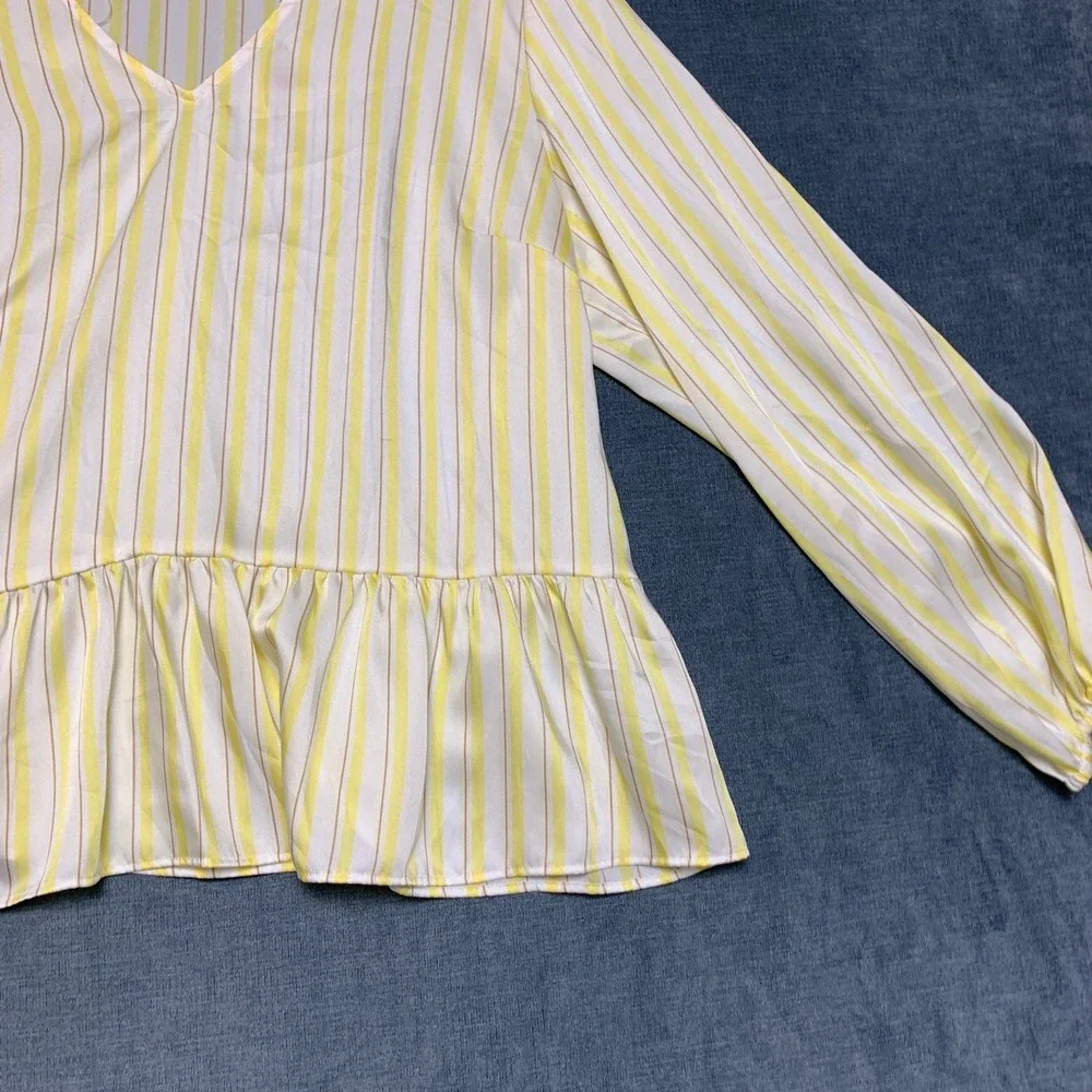 Nine West Shirred Tunic Top Womens XL Yellow White Striped V Neck Long Sleeve